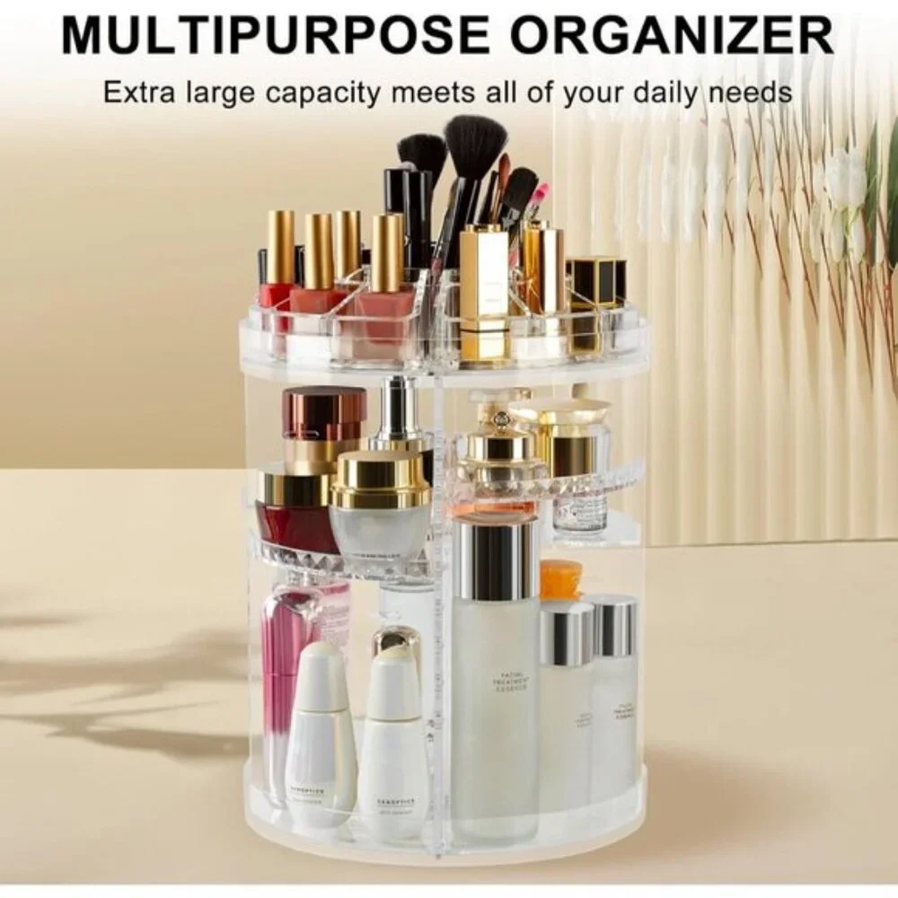360° Rotating Clear Makeup Organizer with 8 Adjustable Layers & Large Capacity